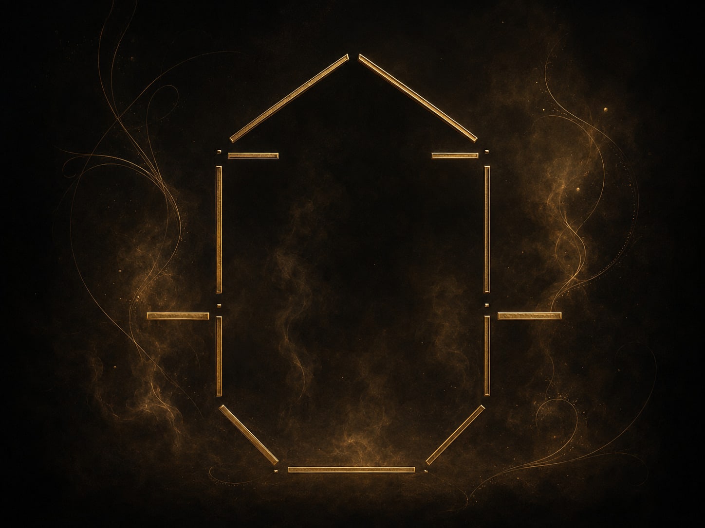 A gold framework whose members have parted at every joint yet still hang in their original positions.
