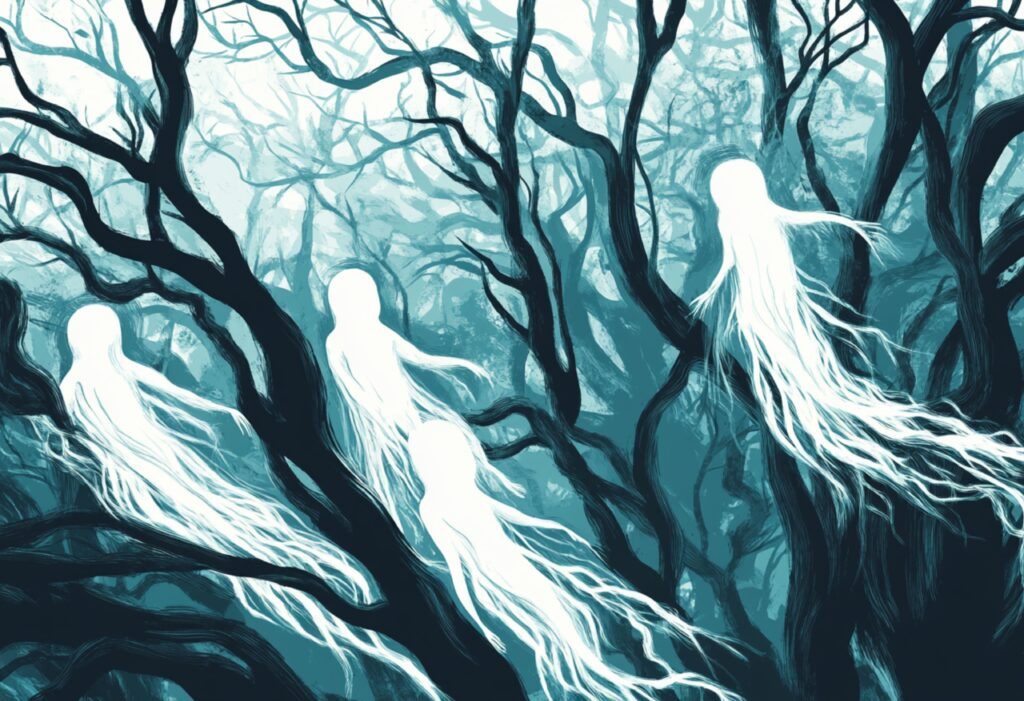 Vector illustration of spirit forms emerging from falling tree branches