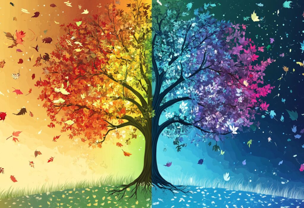 Vector illustration of a tree through four seasons with falling branches