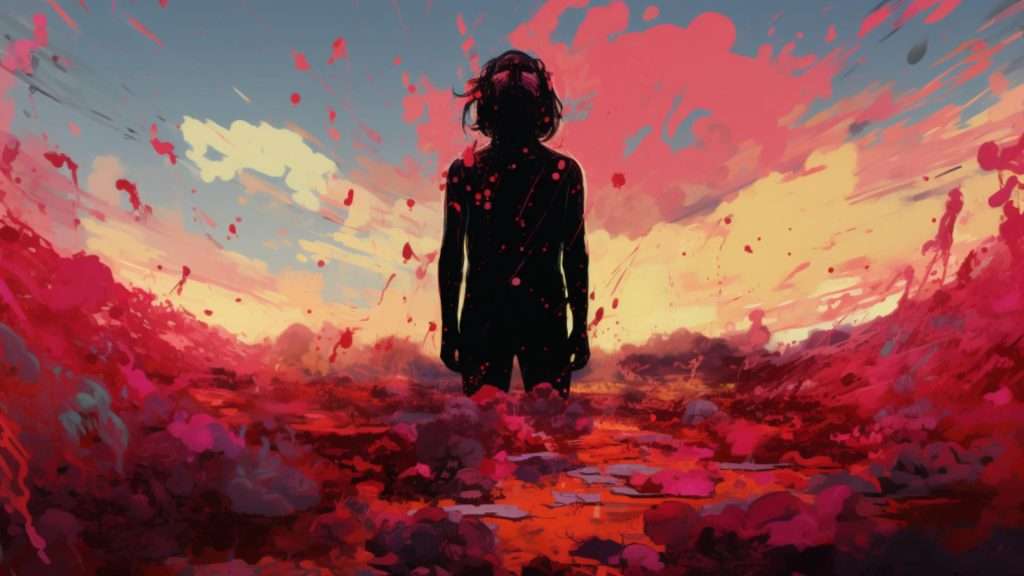 The digital illustration portrays a dreamlike landscape where a person is standing amidst a field of vibrant flowers, their expression filled with a mix of surprise, concern, and curiosity.