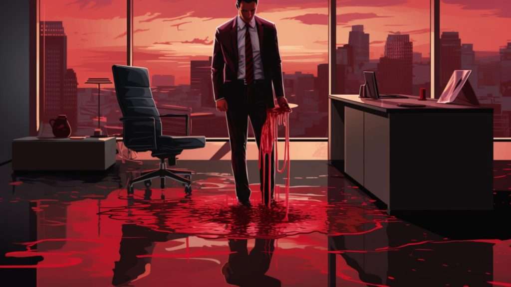 The digital illustration portrays a person in a professional attire, standing in an office setting.