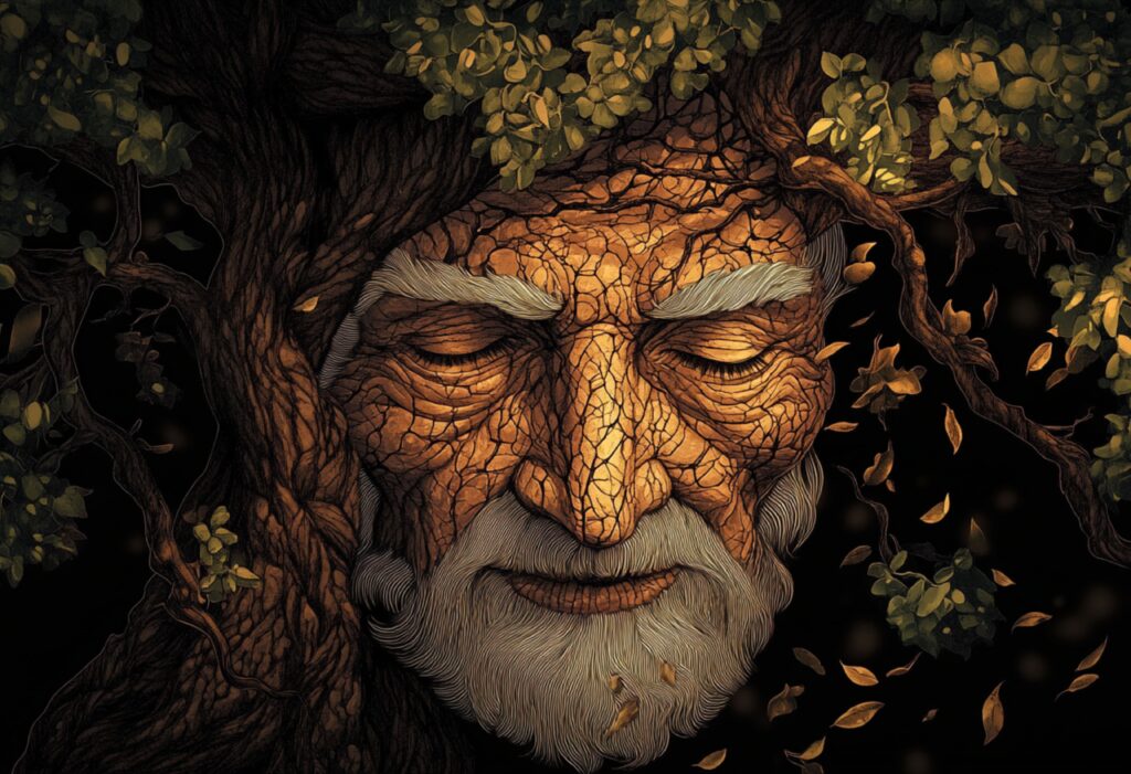 Vector illustration of a wise old face formed by tree bark and falling branches