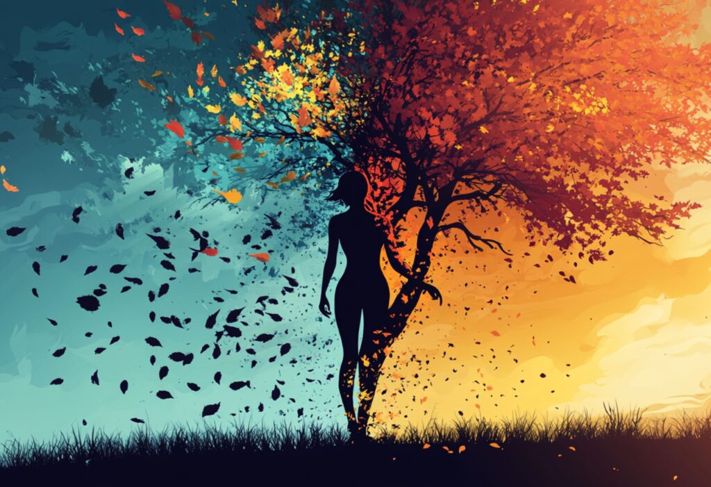 Vector illustration of a human silhouette merging with a tree shedding branches