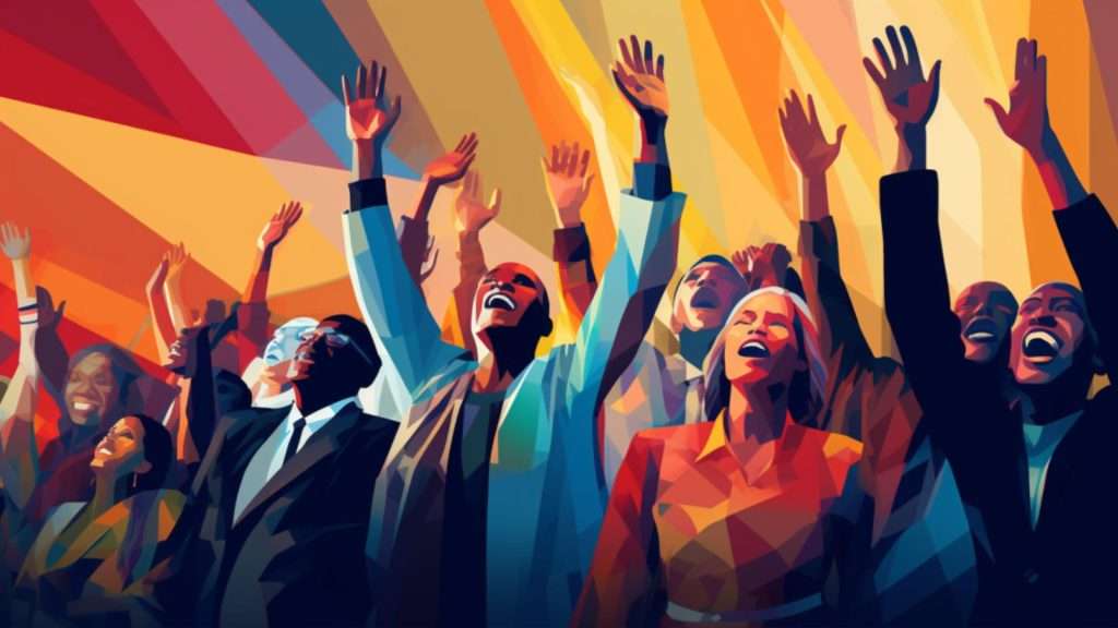 A digital illustration featuring a group of people engaged in a worship setting, representing the practice of speaking in tongues among Pentecostal believers.