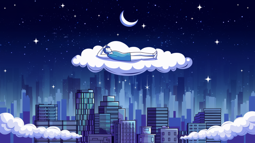 a person lying on a cloud in front of a city